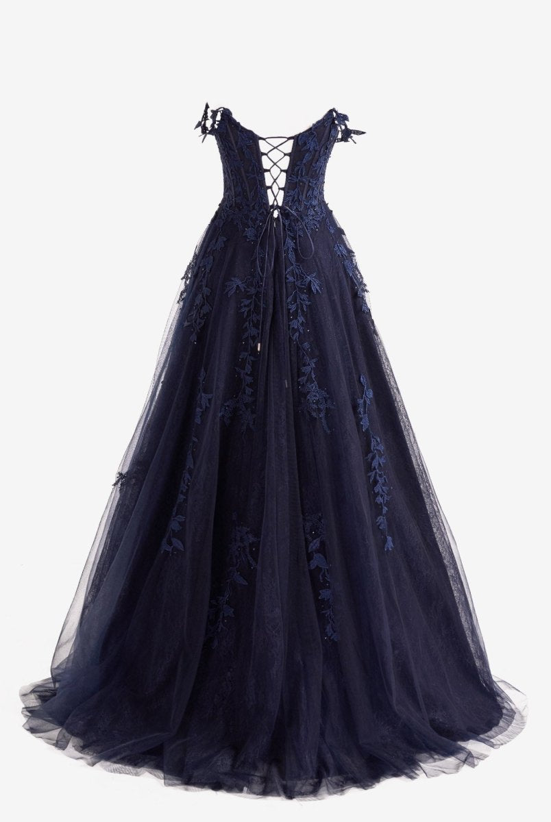 Mariana |Navy Blue A-line Sweetheart Lace Tulle Prom Dress with Slit