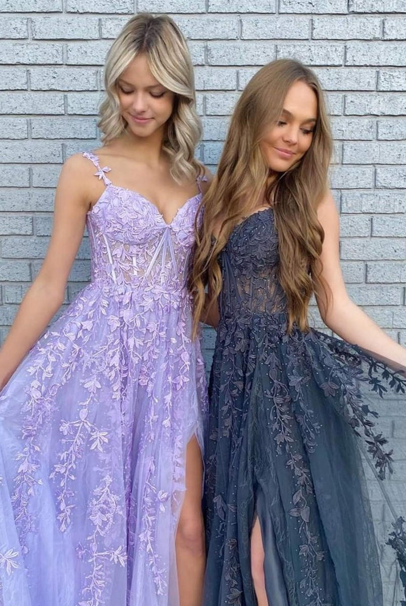 Mariana |Navy Blue A-line Sweetheart Lace Tulle Prom Dress with Slit