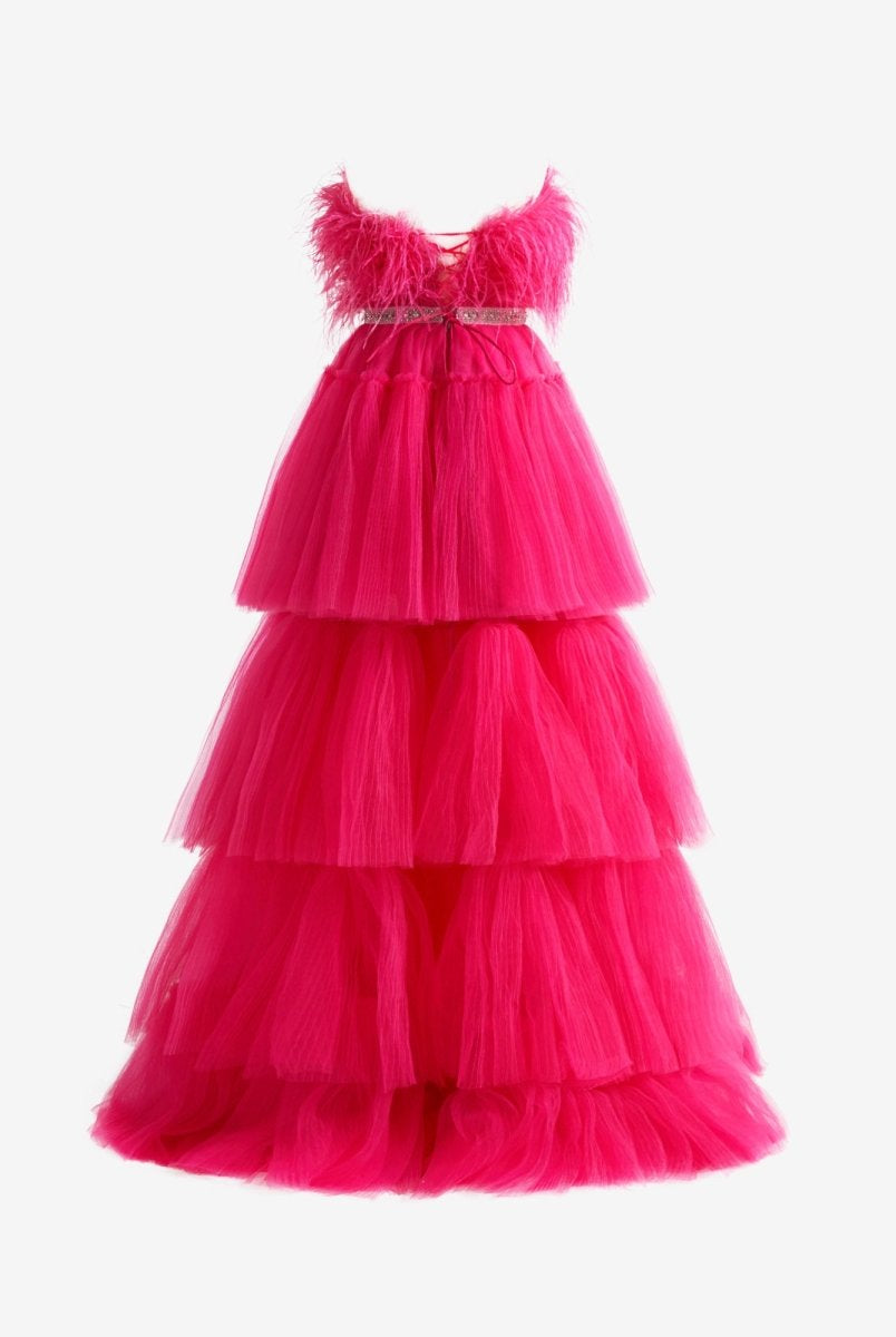 Marie| Fuchsia A - line High - Low Strapless Ruffled Tulle Prom Dress with Feathers - KissProm