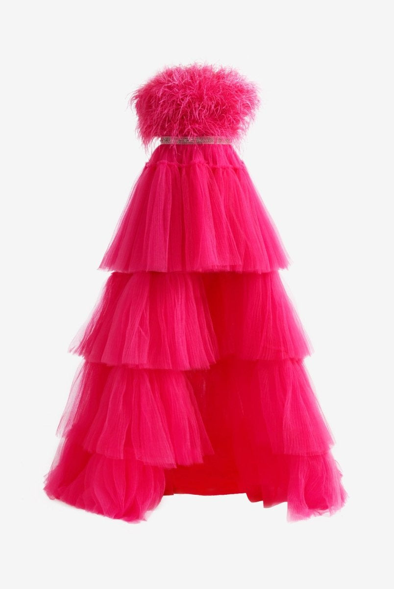 Marie| Fuchsia A - line High - Low Strapless Ruffled Tulle Prom Dress with Feathers - KissProm