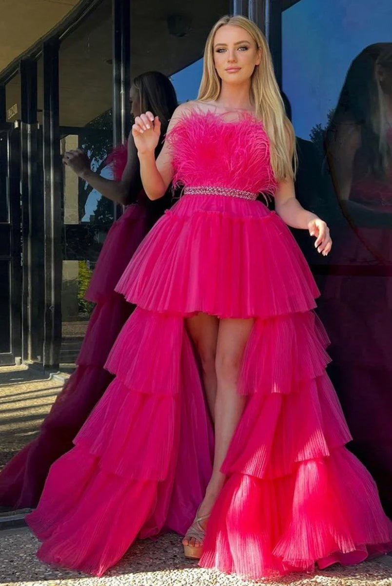Marie| Fuchsia A - line High - Low Strapless Ruffled Tulle Prom Dress with Feathers - KissProm