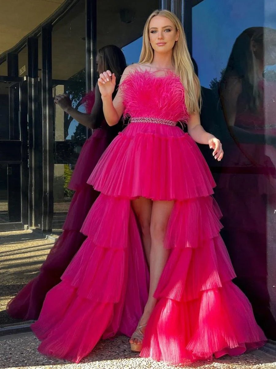 Marie| Fuchsia A - line High - Low Strapless Ruffled Tulle Prom Dress with Feathers - KissProm