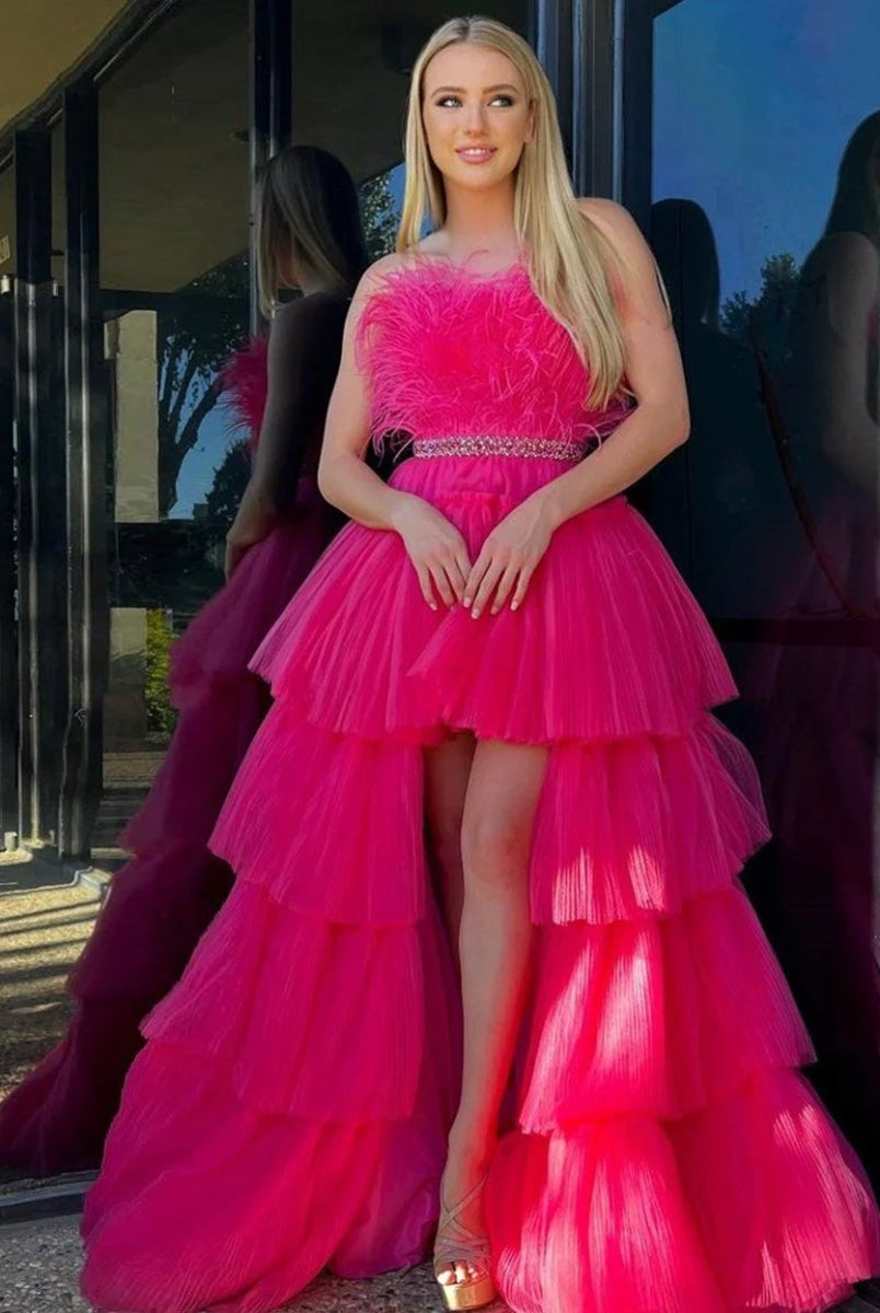 Marie| Fuchsia A - line High - Low Strapless Ruffled Tulle Prom Dress with Feathers - KissProm