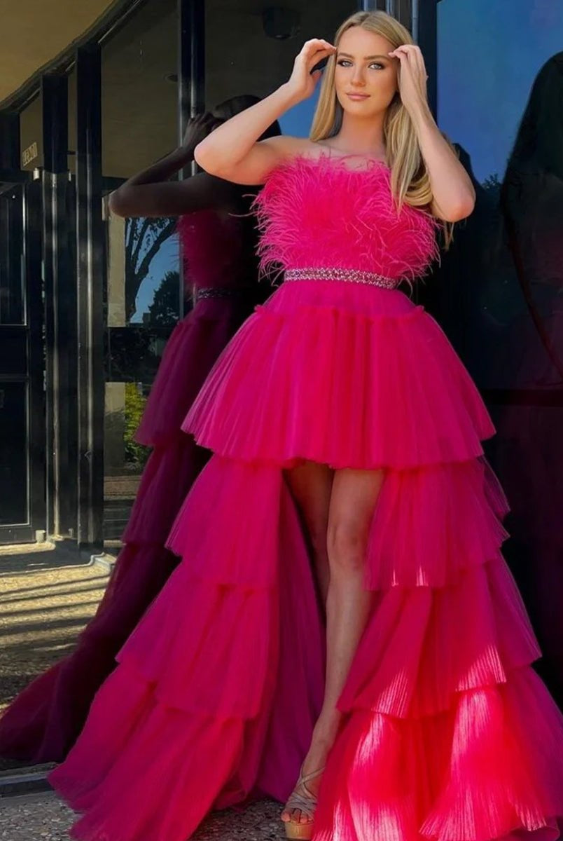 Marie| Fuchsia A - line High - Low Strapless Ruffled Tulle Prom Dress with Feathers - KissProm