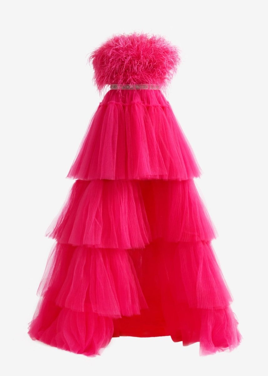 Marie| A-line High-Low Strapless Ruffled Tulle Prom Dress with Feathers