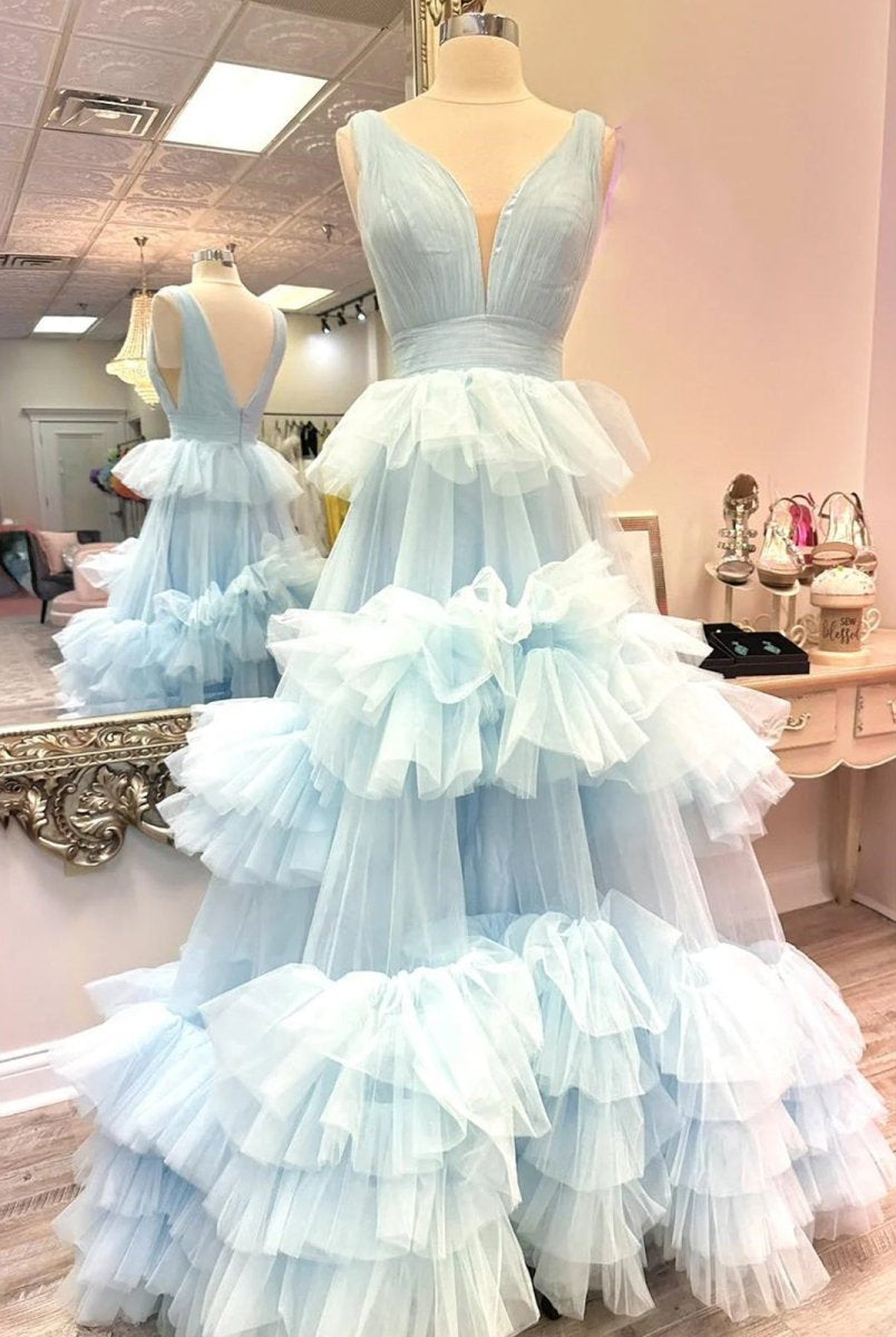 Marin | Sky Blue V Neck Ruffles A - line Tulle Prom Dress - KissProm
