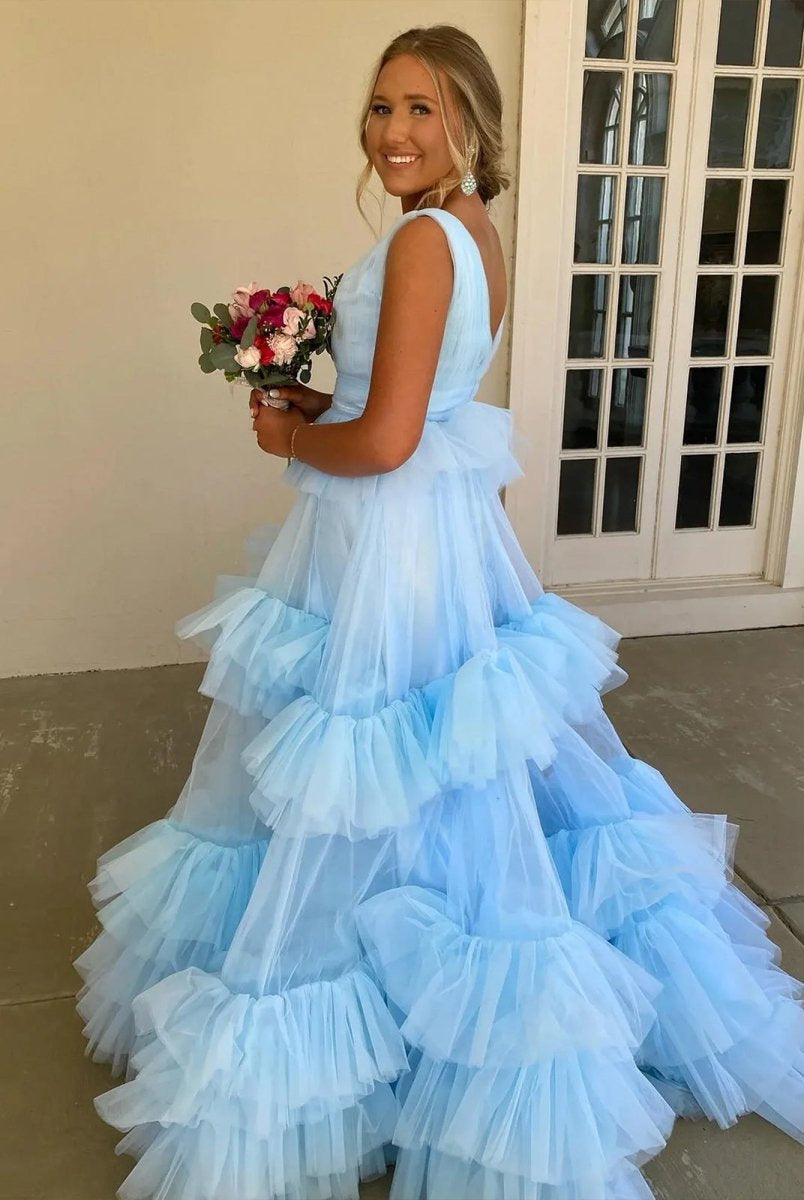 Marin | Sky Blue V Neck Ruffles A - line Tulle Prom Dress - KissProm