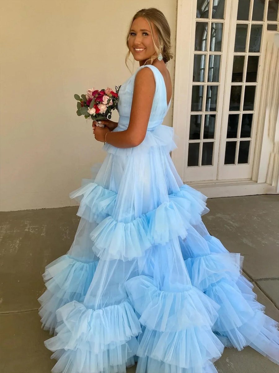 Marin | Sky Blue V Neck Ruffles A - line Tulle Prom Dress - KissProm