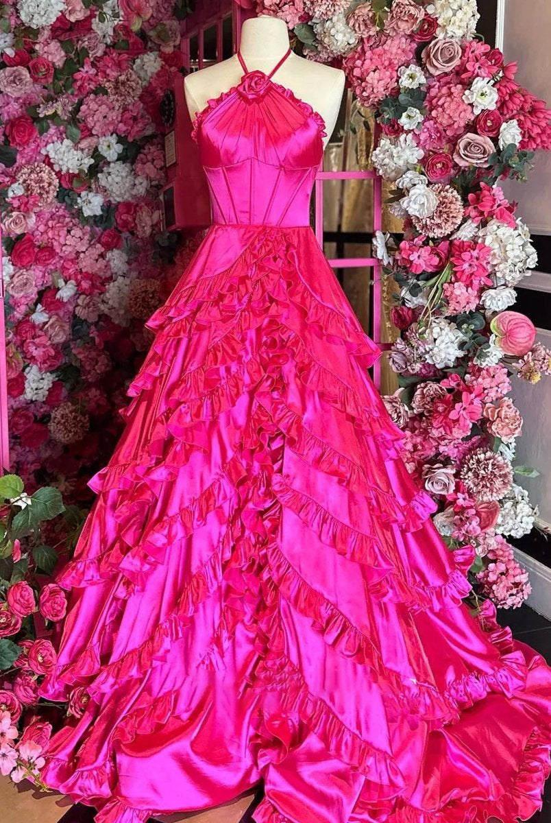 Markel | Fuchsia Halter Neck Tiered Ruffles Long Prom Dress - KissProm