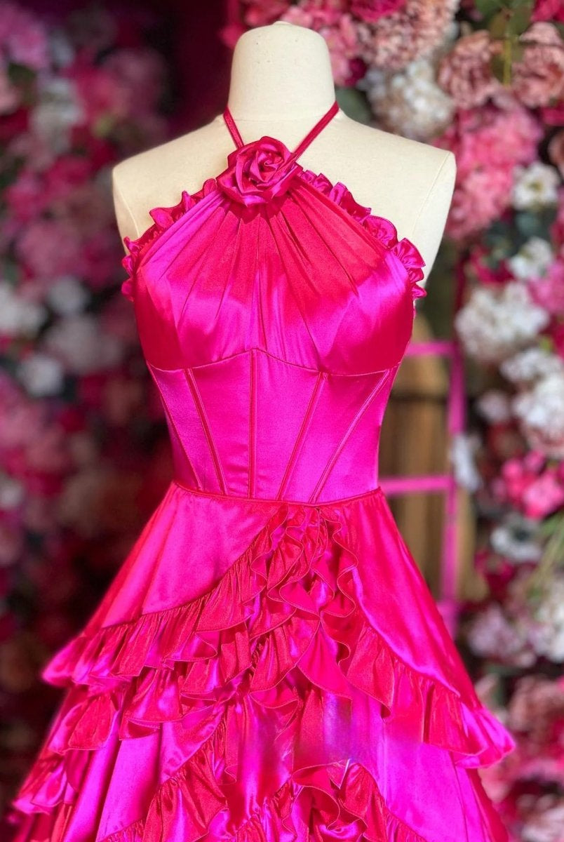 Markel | Fuchsia Halter Neck Tiered Ruffles Long Prom Dress - KissProm