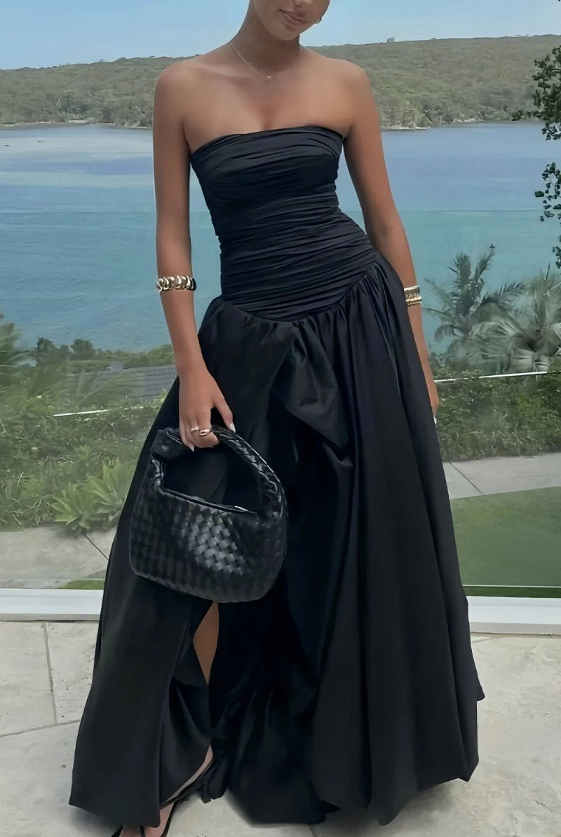 Marvane | Black - Strapless A Line Satin Pleated Prom Dresses With Slit - KissProm
