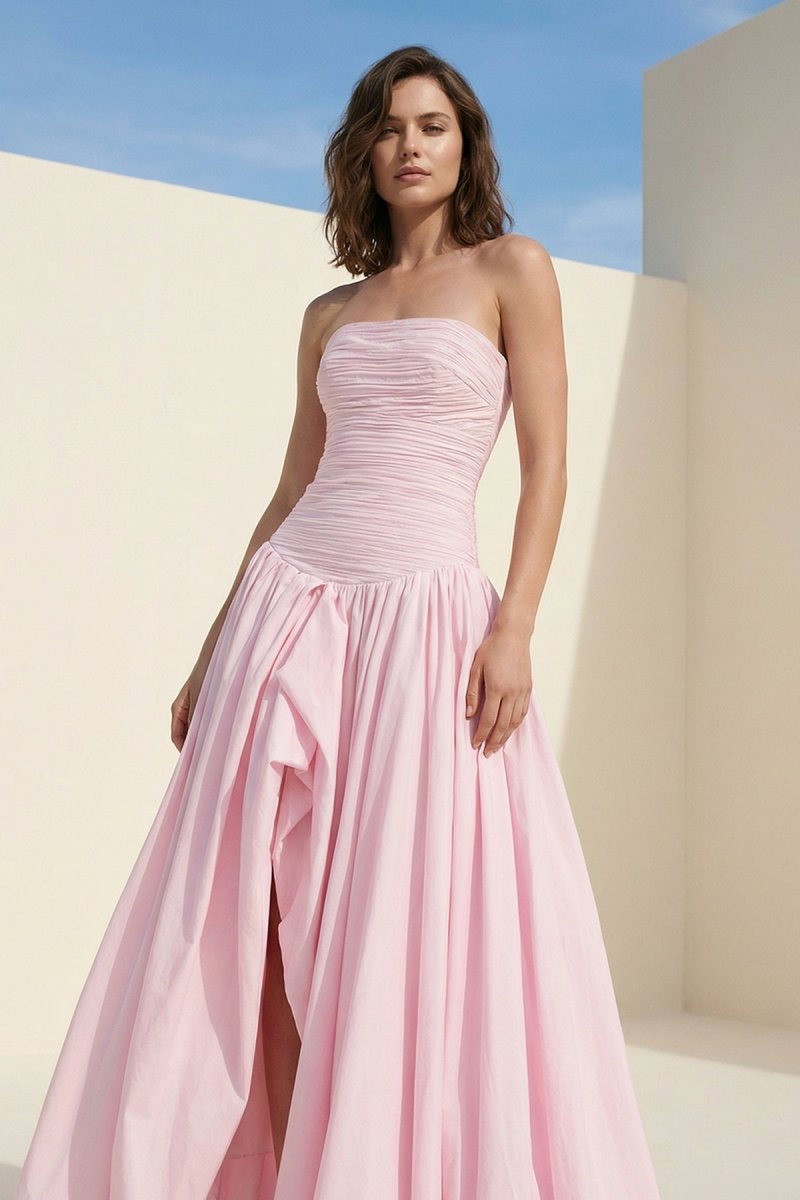 Marvane | Pink - Strapless A Line Satin Pleated Prom Dresses With Slit - KissProm