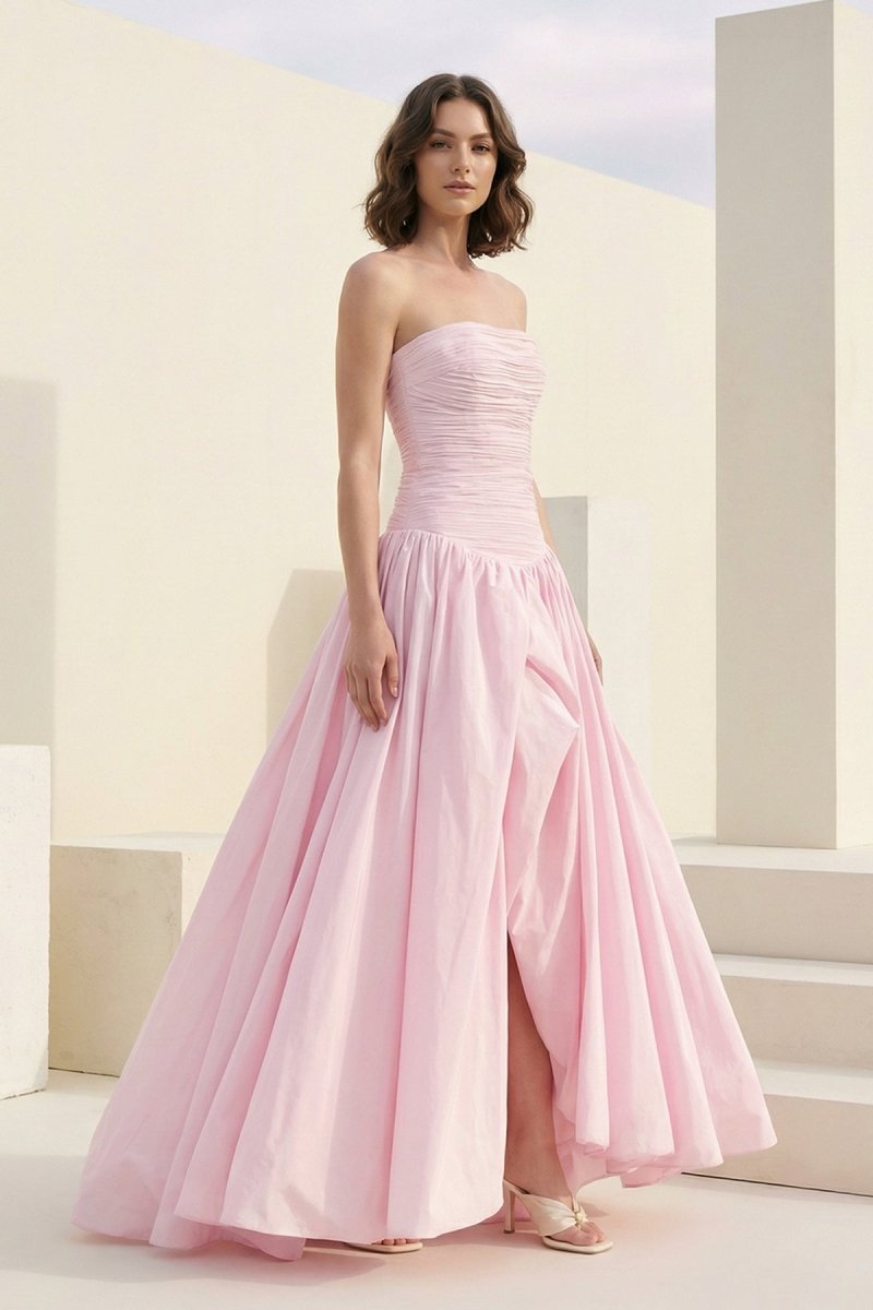 Marvane | Pink - Strapless A Line Satin Pleated Prom Dresses With Slit - KissProm