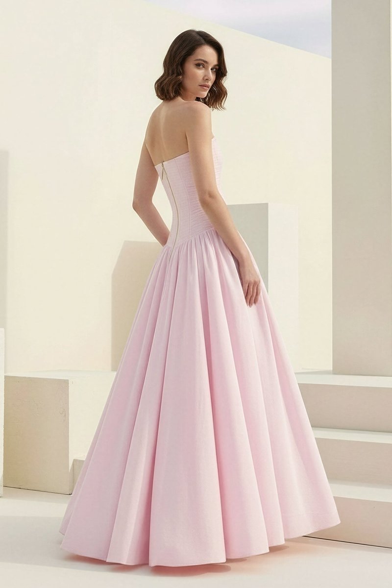 Marvane | Pink - Strapless A Line Satin Pleated Prom Dresses With Slit - KissProm