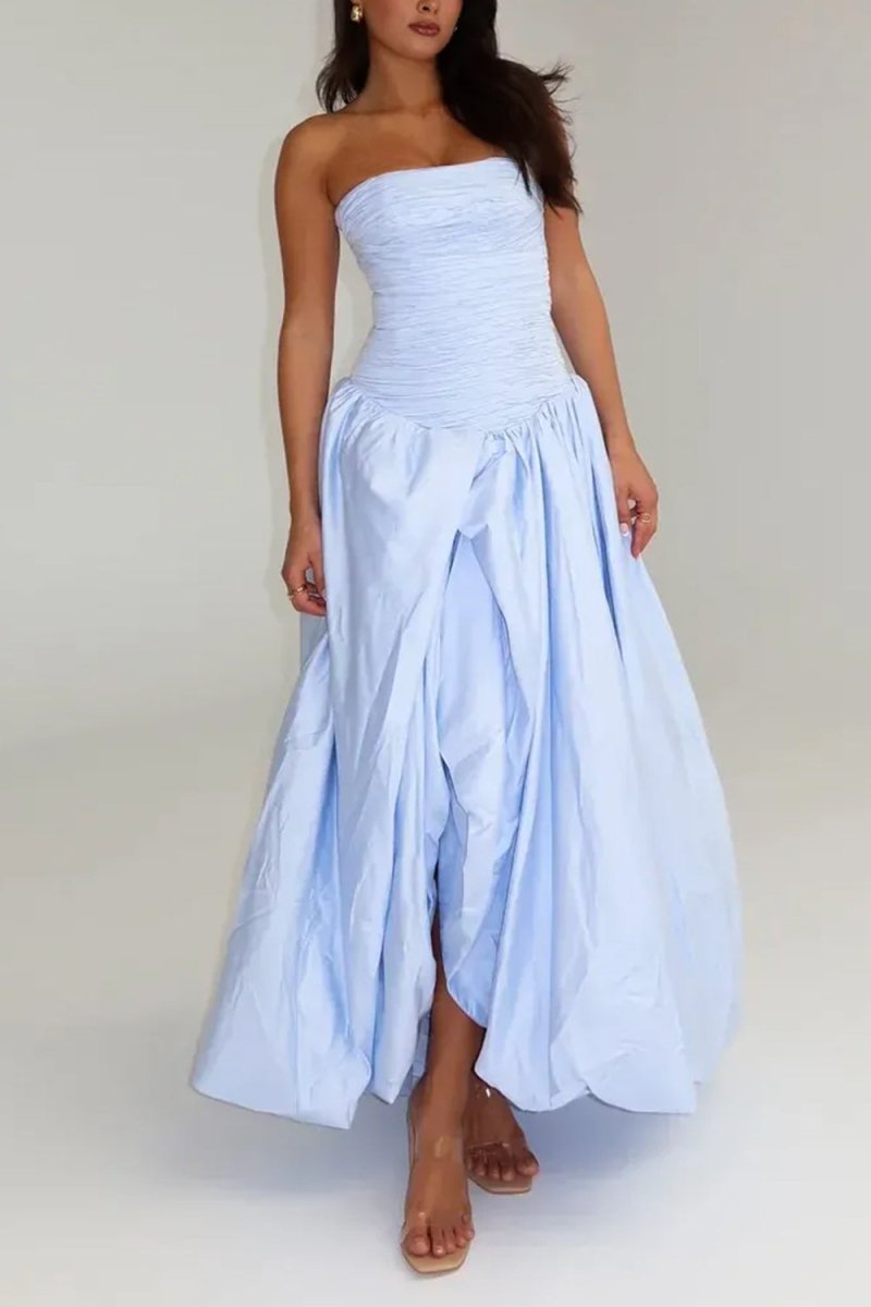 Marvane | Sky Blue - Strapless A Line Satin Pleated Prom Dresses With Slit - KissProm