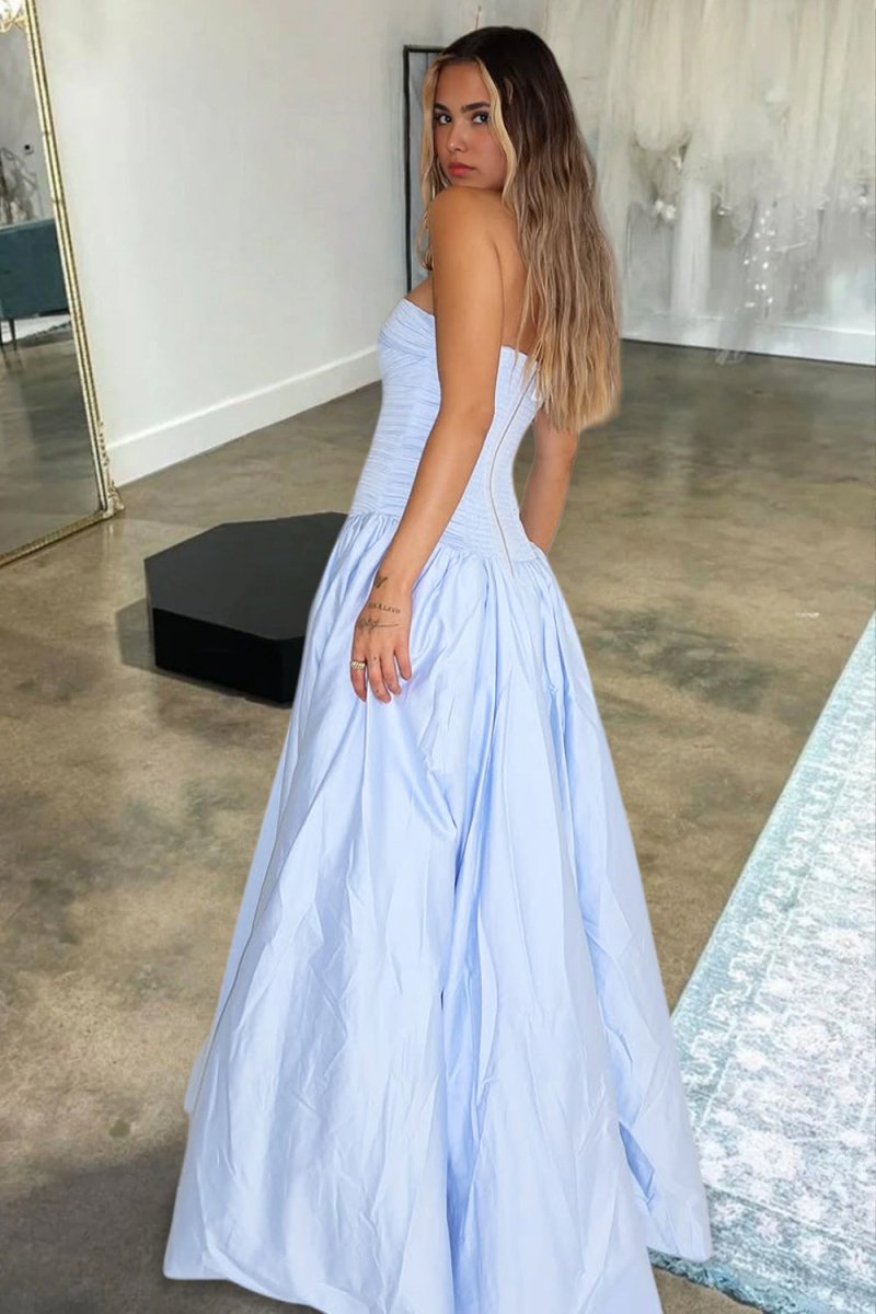 Marvane | Sky Blue - Strapless A Line Satin Pleated Prom Dresses With Slit - KissProm