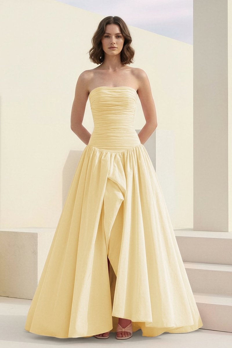 Marvane | Yellow- Strapless A Line Satin Pleated Prom Dresses With Slit - KissProm