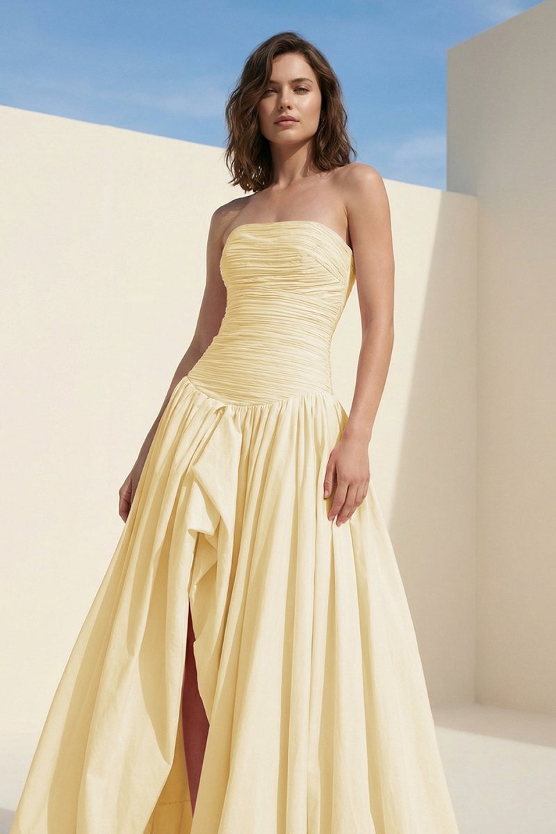 Marvane | Yellow- Strapless A Line Satin Pleated Prom Dresses With Slit - KissProm