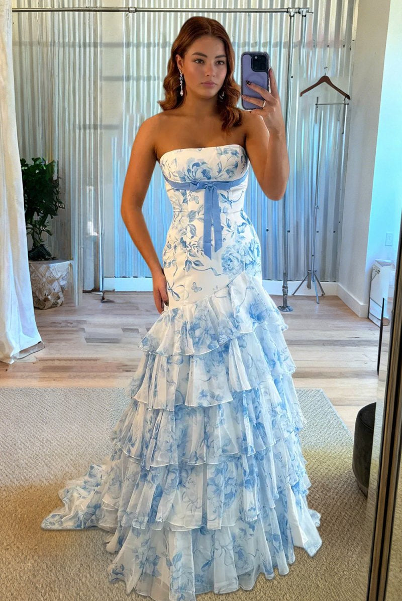 Marvely | Blue - Sheath Strapless Chiffon Ruffled Prom Dresses With Bow - KissProm