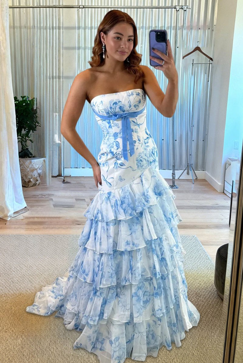 Marvely | Blue - Sheath Strapless Chiffon Ruffled Prom Dresses With Bow - KissProm