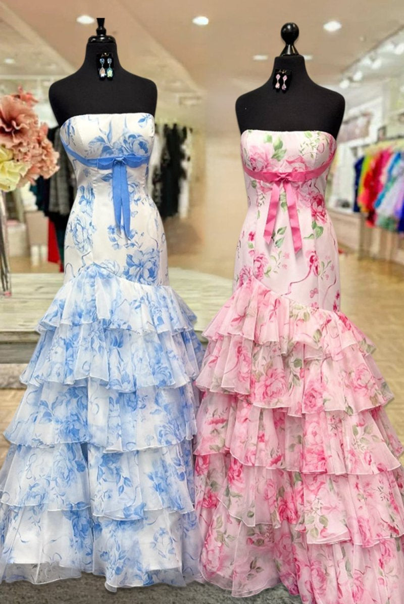 Marvely | Blue - Sheath Strapless Chiffon Ruffled Prom Dresses With Bow - KissProm