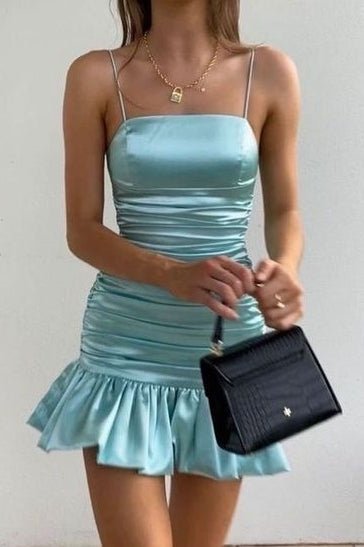 Marzanna | Aqua - Spaghetti Straps Pleated Satin Sleeveless Short Homecoming Dress
