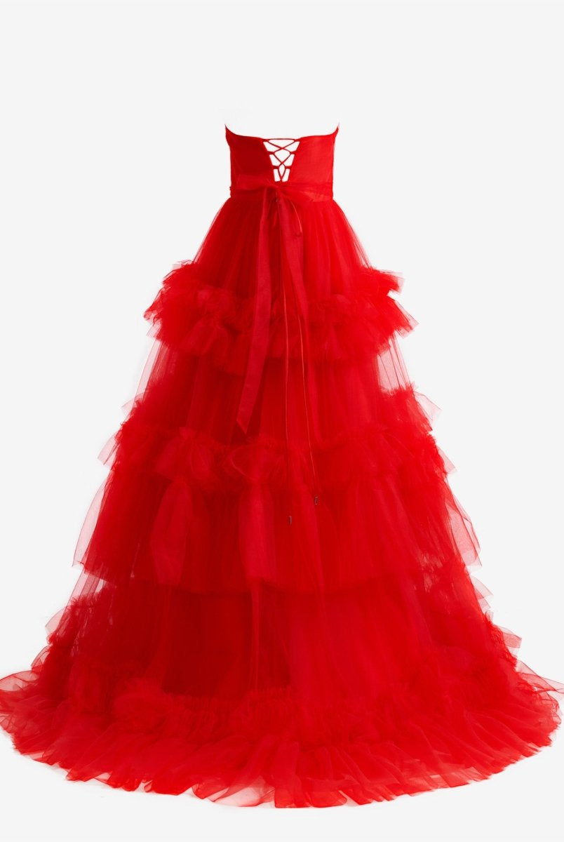 Matilda |Red A - Line Strapless Ruffled Tulle Evening Dress - KissProm