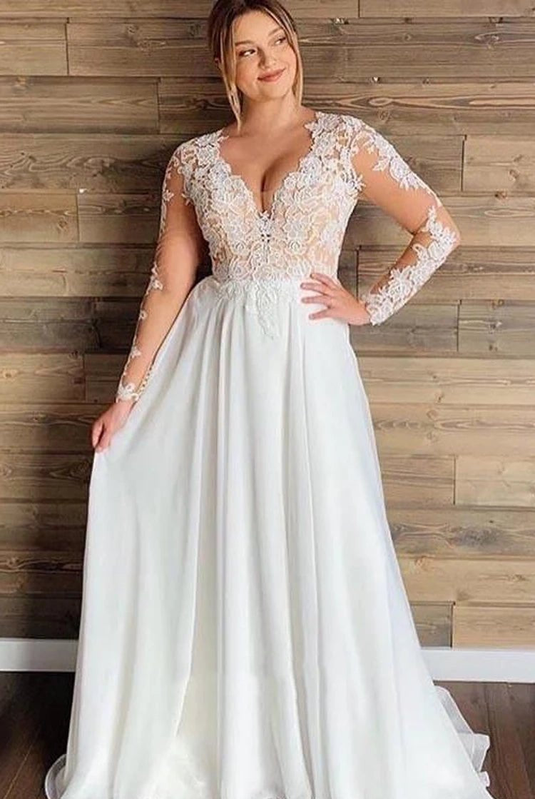 Mature Floral Long Sleeve A-Line Lace Wedding Dress