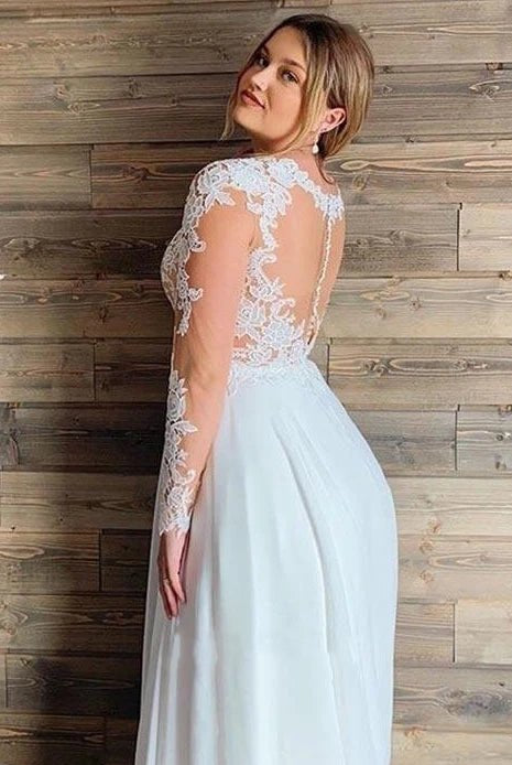 Mature Floral Long Sleeve A-Line Lace Wedding Dress