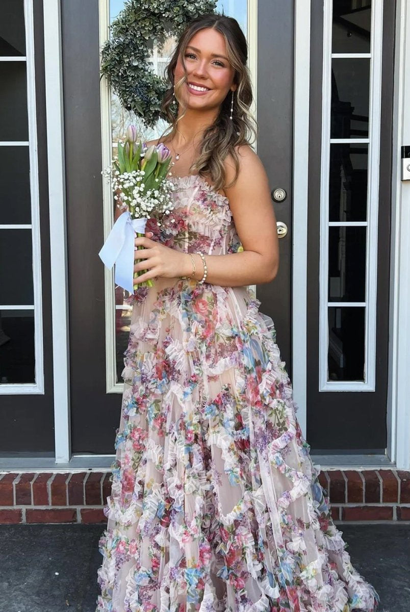 Maud | A-Line Strapless Floral Print Ruffle Long Prom Dress with Slit