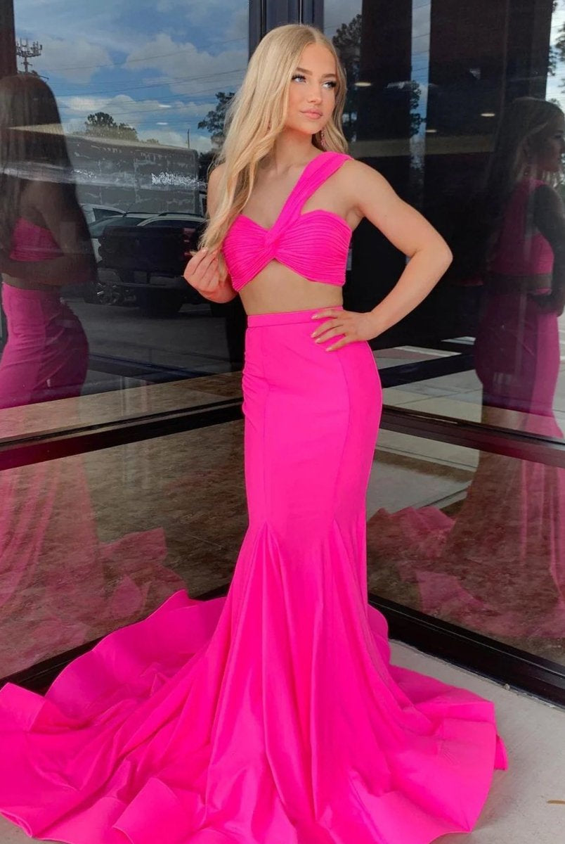 Maven | Hot Pink Two Piece One Shoulder Satin Mermaid Prom Dress