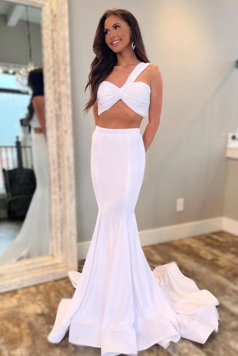 Maven | Hot Pink Two Piece One Shoulder Satin Mermaid Prom Dress