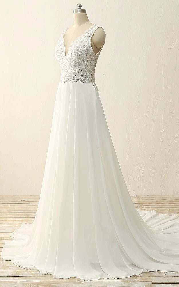 Maxi V-Neck Beading Chiffon Lace Satin Dress