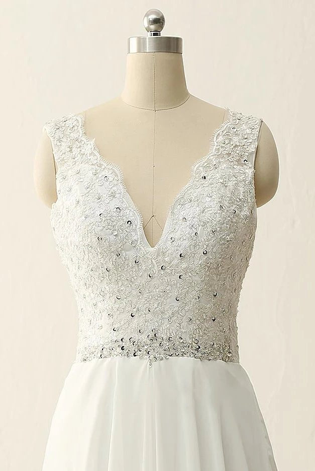 Maxi V-Neck Beading Chiffon Lace Satin Dress