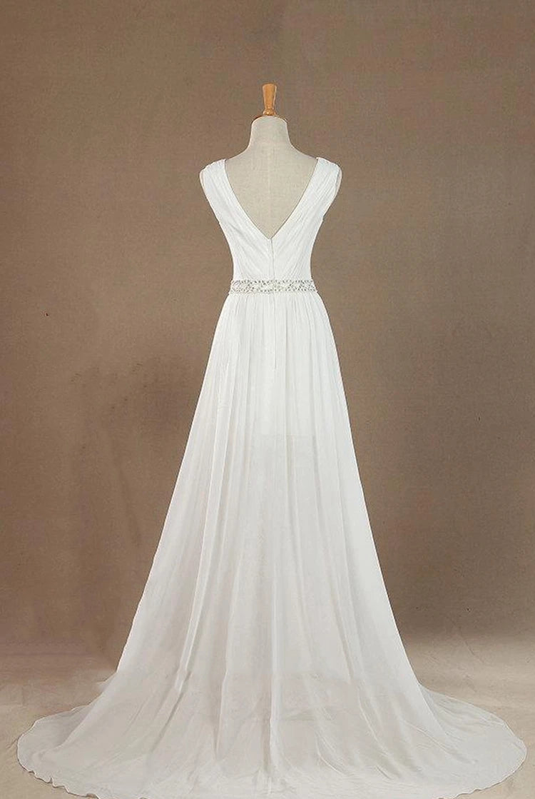 Sleeveless V-Neck Chiffon Beading High Slit Weddig Dress with Low-V Back