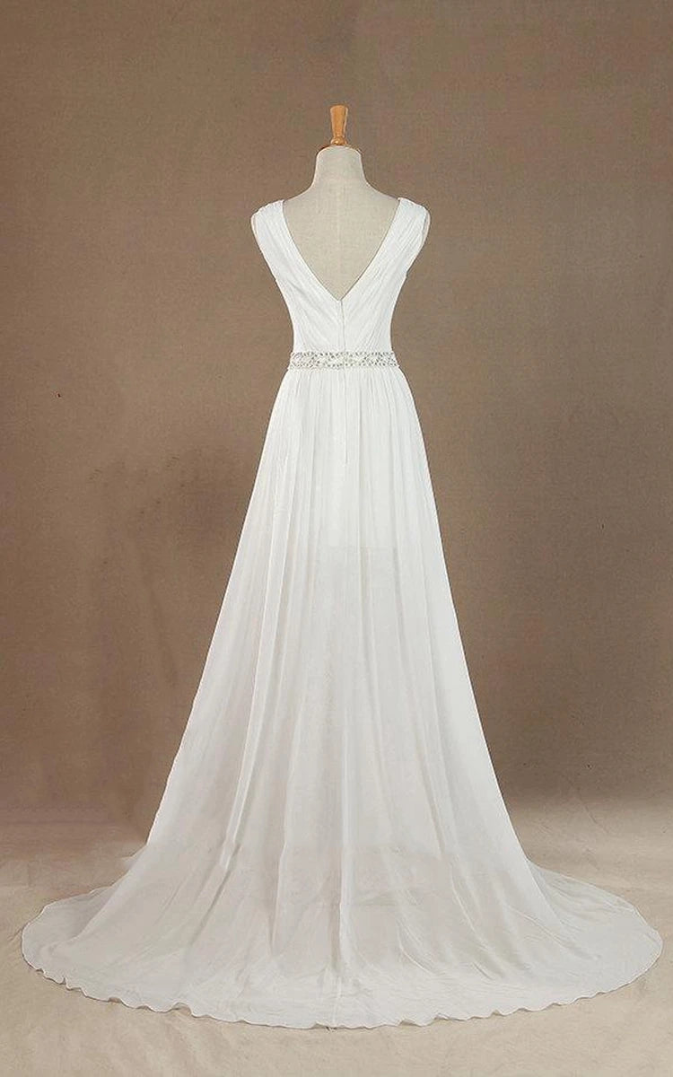 Sleeveless V-Neck Chiffon Beading High Slit Weddig Dress with Low-V Back
