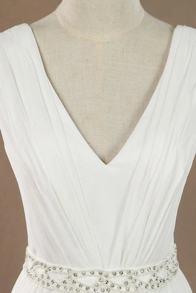 Sleeveless V-Neck Chiffon Beading High Slit Weddig Dress with Low-V Back