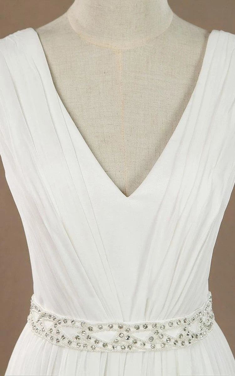 Sleeveless V-Neck Chiffon Beading High Slit Weddig Dress with Low-V Back