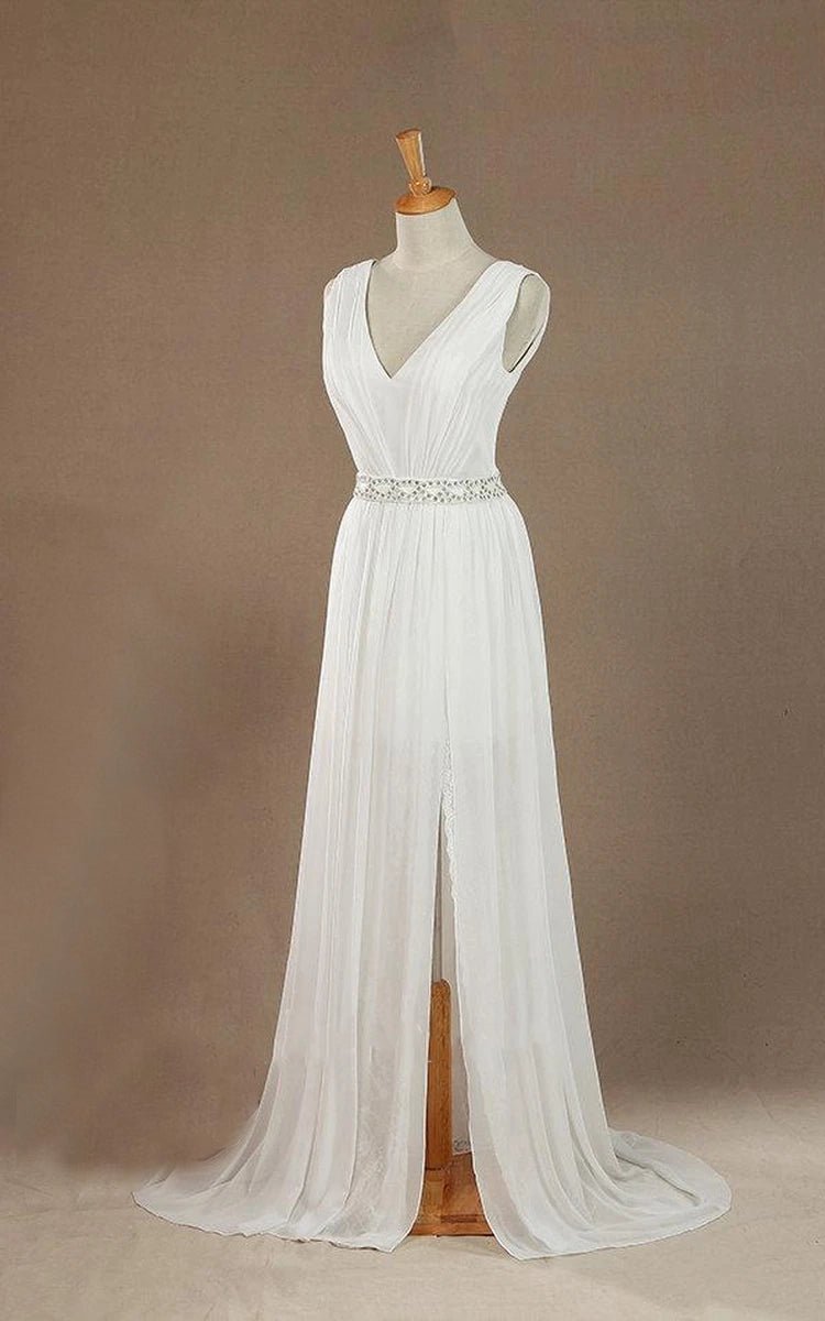 Sleeveless V-Neck Chiffon Beading High Slit Weddig Dress with Low-V Back