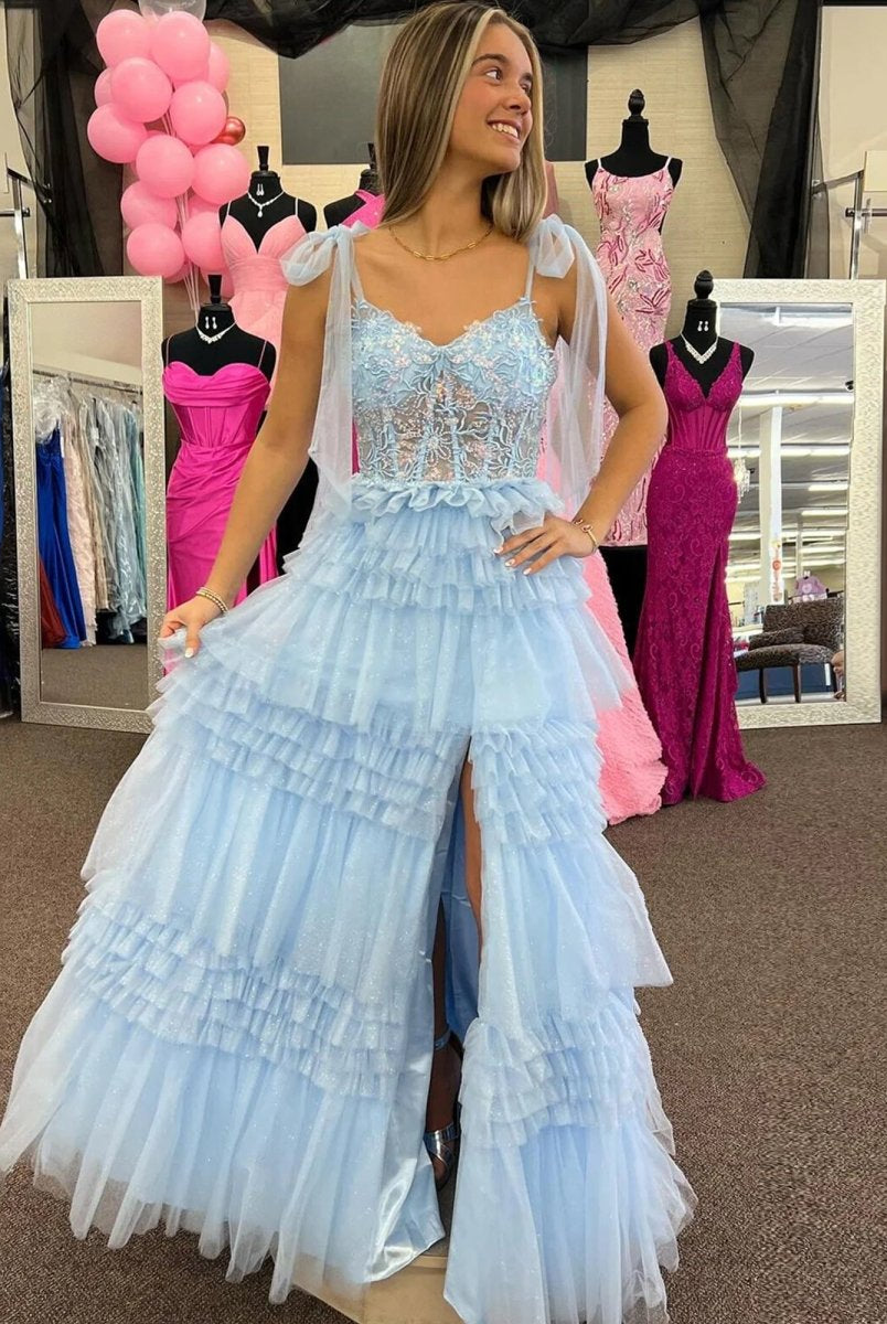 Maylie | Sky Blue Sequines A - line Tulle Prom Dress With Appliques - KissProm