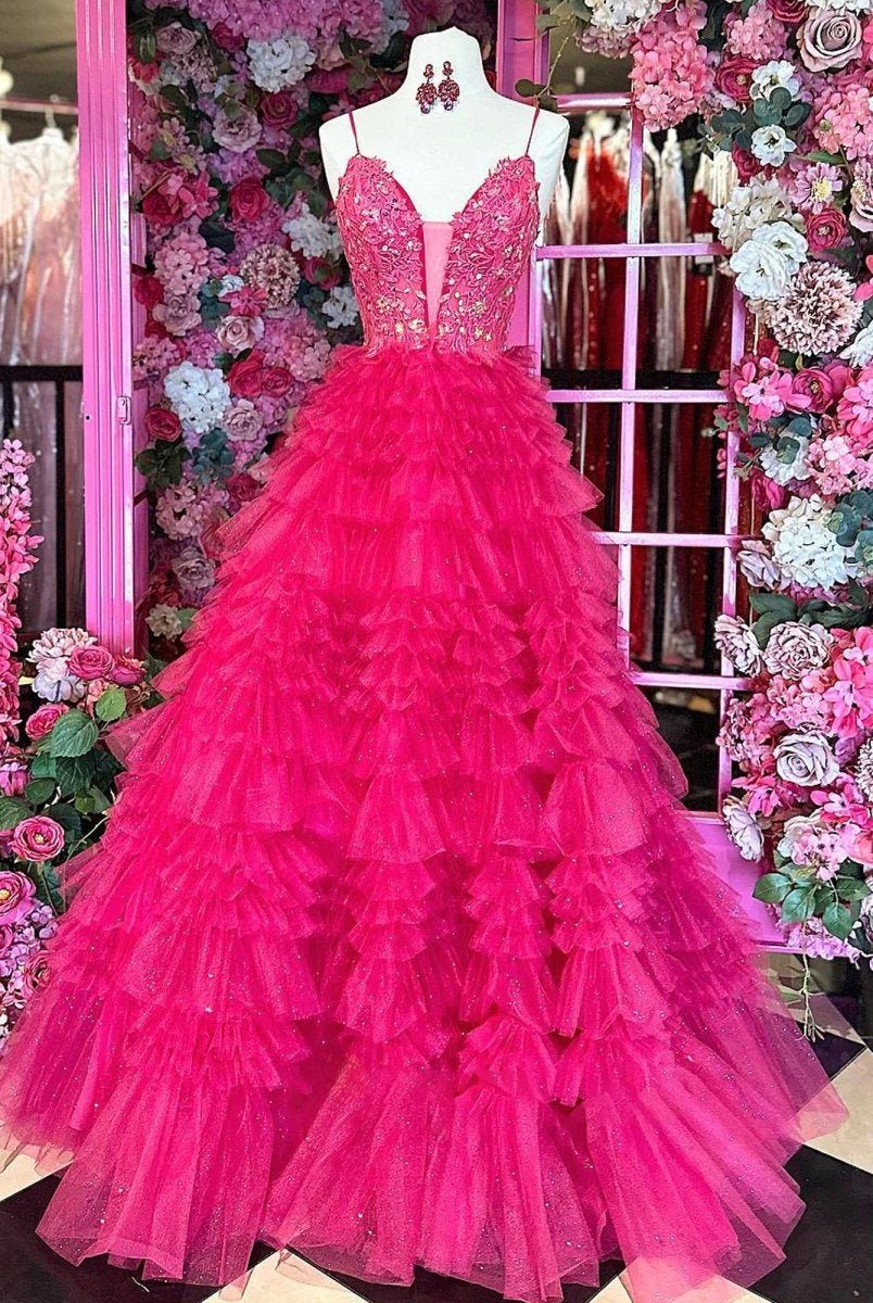 Mazzy | Lace Applique Tiered Ruffles Tulle Long Prom Dress - KissProm