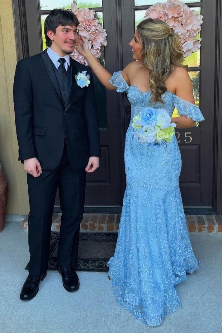Mckail | Blue Floral Lace Off - the - Shoulder Ruffle Long Prom Dress - KissProm