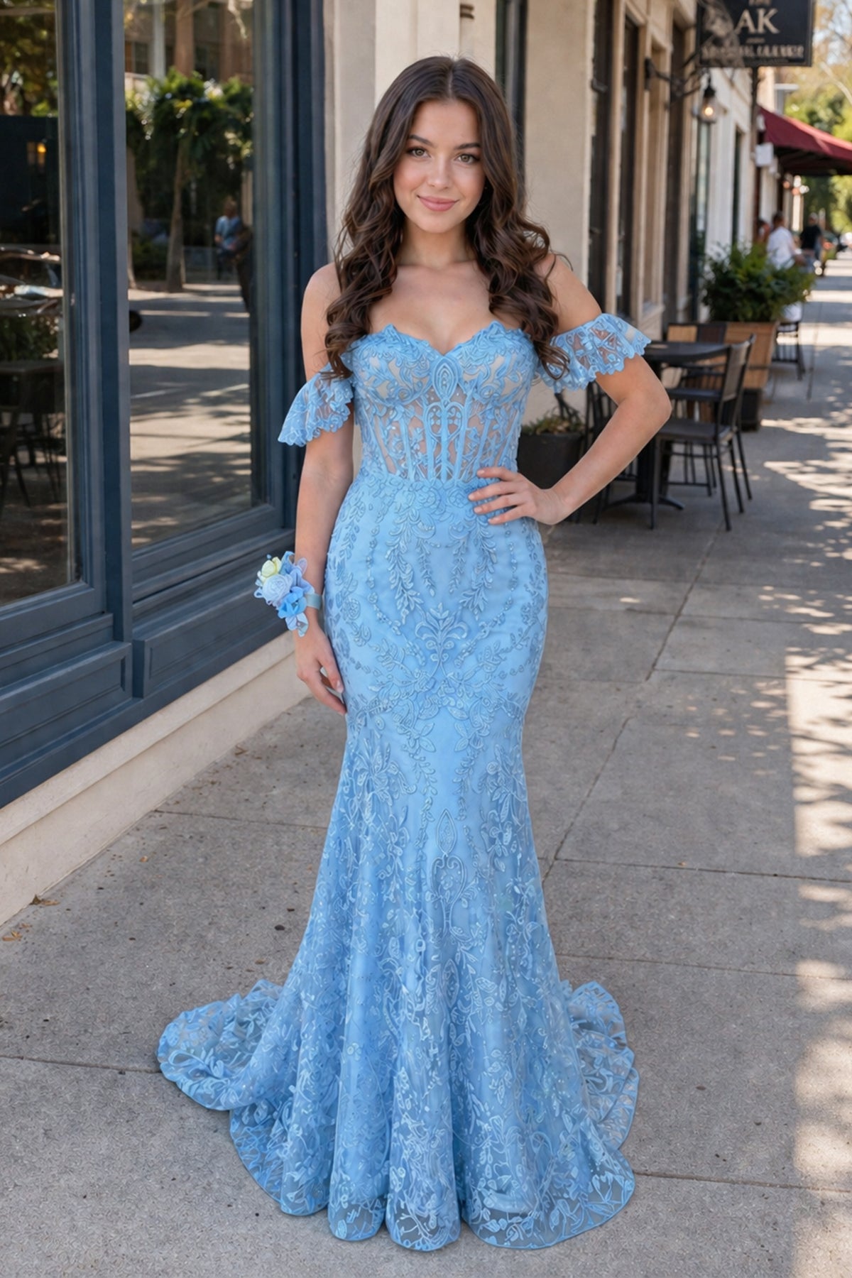 Blue Floral Lace Off-the-Shoulder Ruffle Long Prom Dress Blue / 18 Blue Floral Lace Off-the-Shoulder Ruffle Long Prom Dress Blue / 18