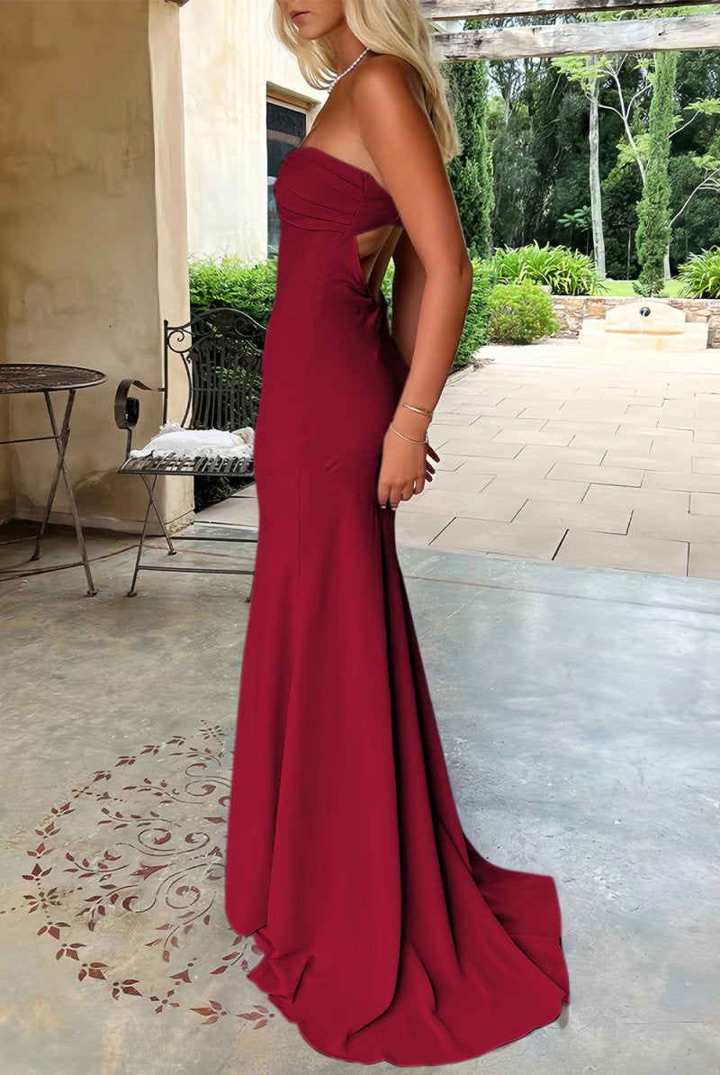 Meara | Sky Blue - Mermaid Strapless Spandex Long Prom Dresses with Pleates - KissProm