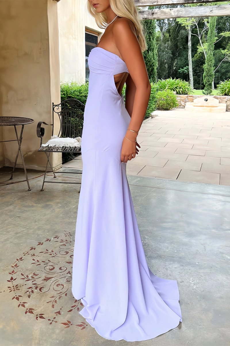 Meara | Lilac - Mermaid Strapless Spandex Long Prom Dresses with Pleates - KissProm