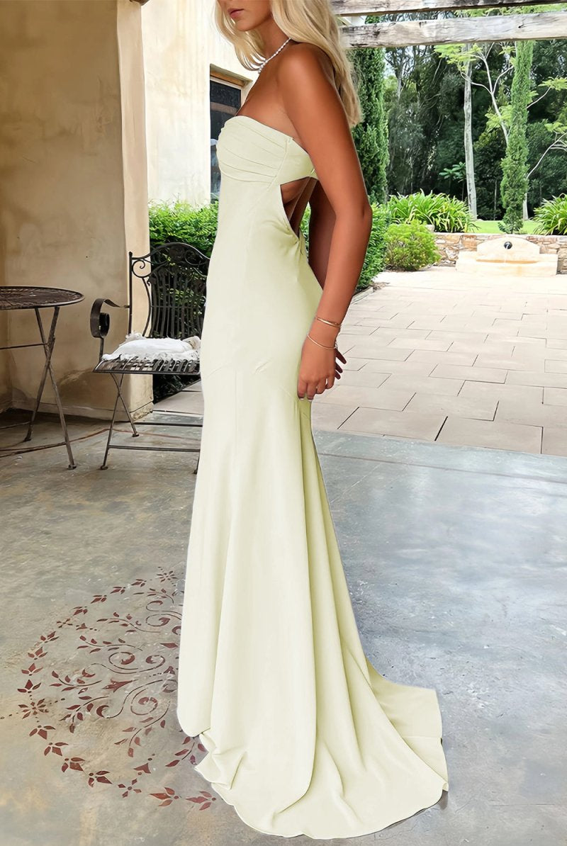 Meara | Sky Blue - Mermaid Strapless Spandex Long Prom Dresses with Pleates - KissProm