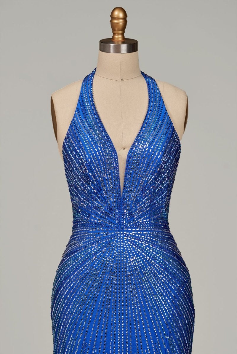 Meela | Royal Blue - Halter Satin Beaded Mermaid Backless Formal Prom Dresses With Slit - KissProm