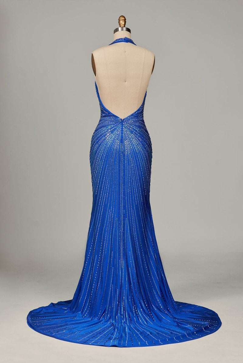 Meela | Royal Blue - Halter Satin Beaded Mermaid Backless Formal Prom Dresses With Slit - KissProm