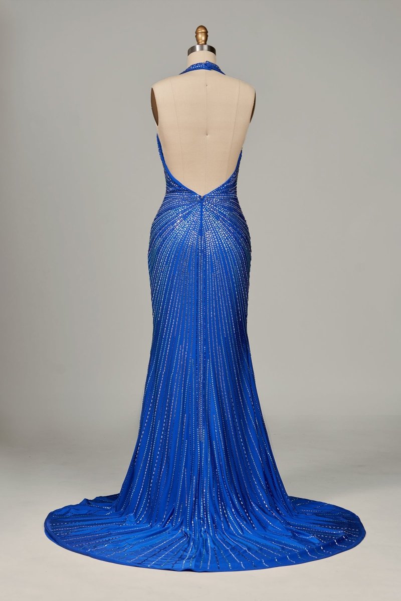 Meela | Royal Blue - Halter Satin Beaded Mermaid Backless Formal Prom Dresses With Slit - KissProm