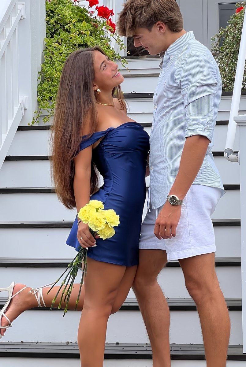 Mel | Navy Blue - Off The Shoulder A Line Satin Short Homecoming Dress